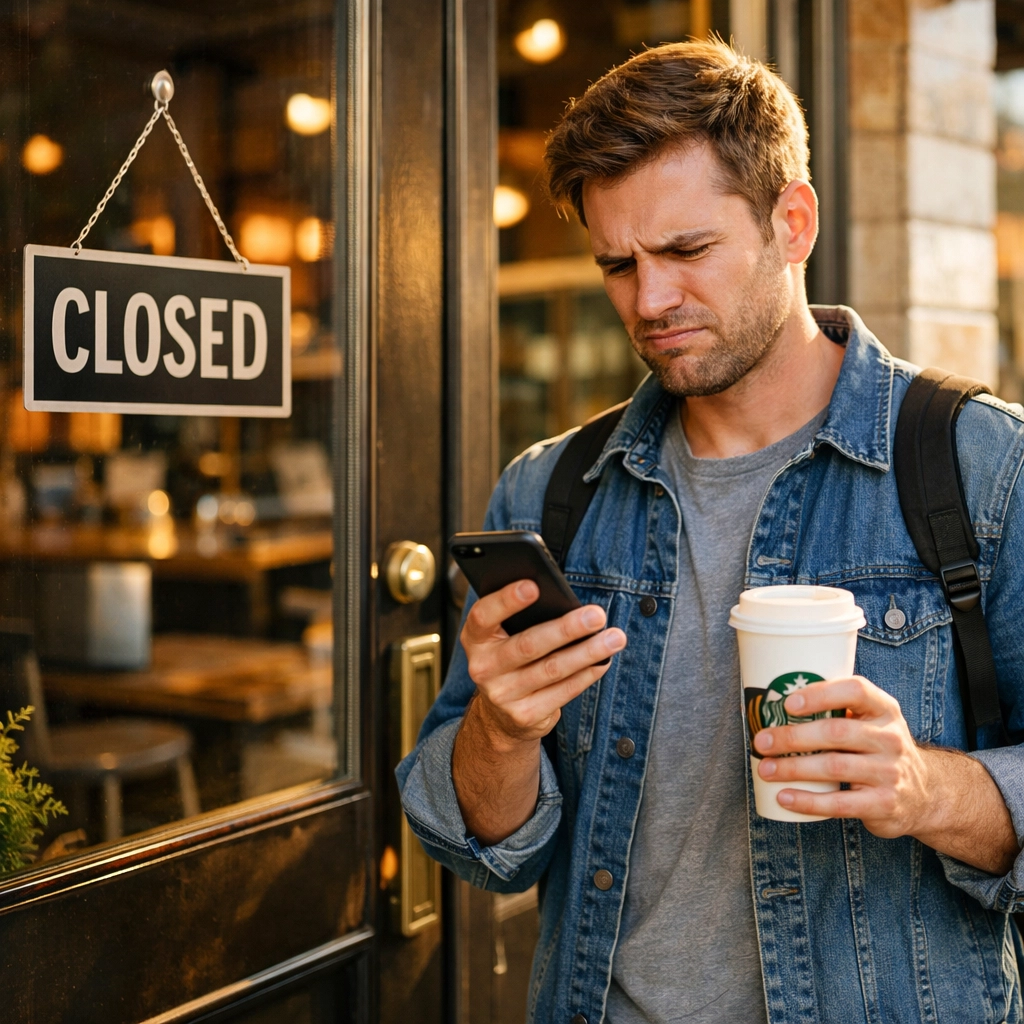 Customer frustrated by incorrect Google Business hours on closed storefront