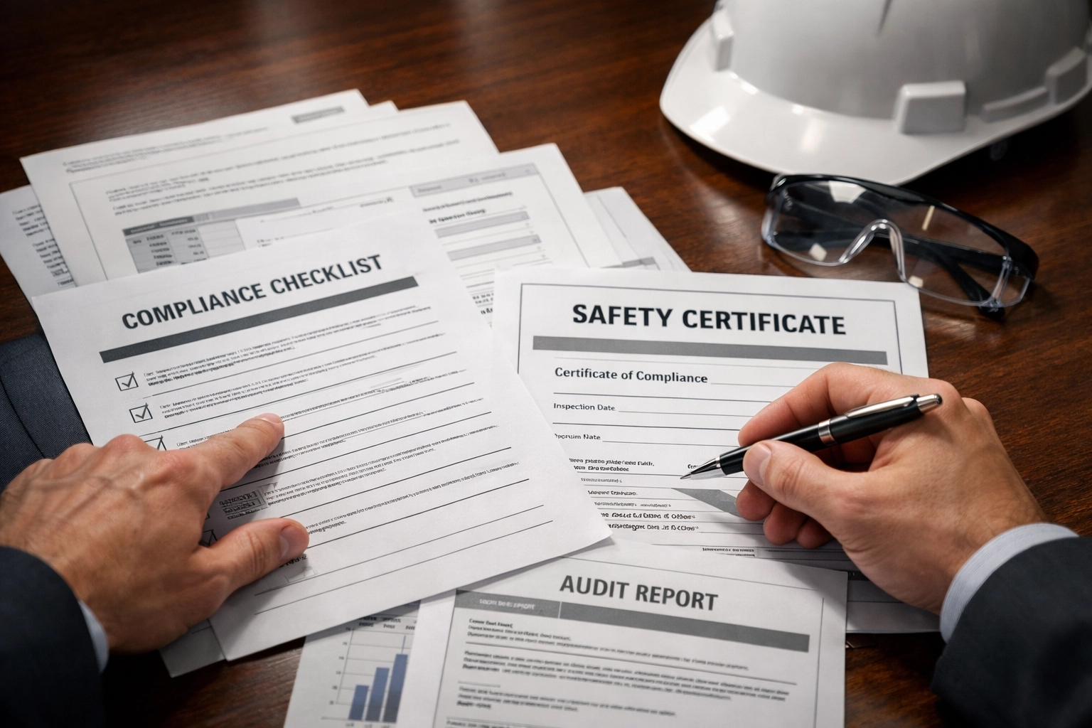 Workers' compensation compliance documents and safety equipment on office desk