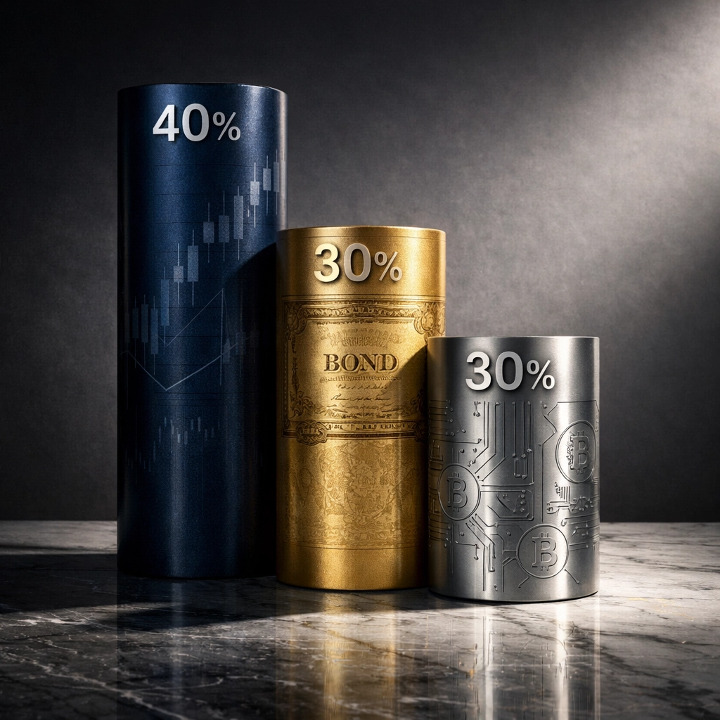 Visual representation of 40/30/30 portfolio allocation with equities, bonds, and Bitcoin alternatives