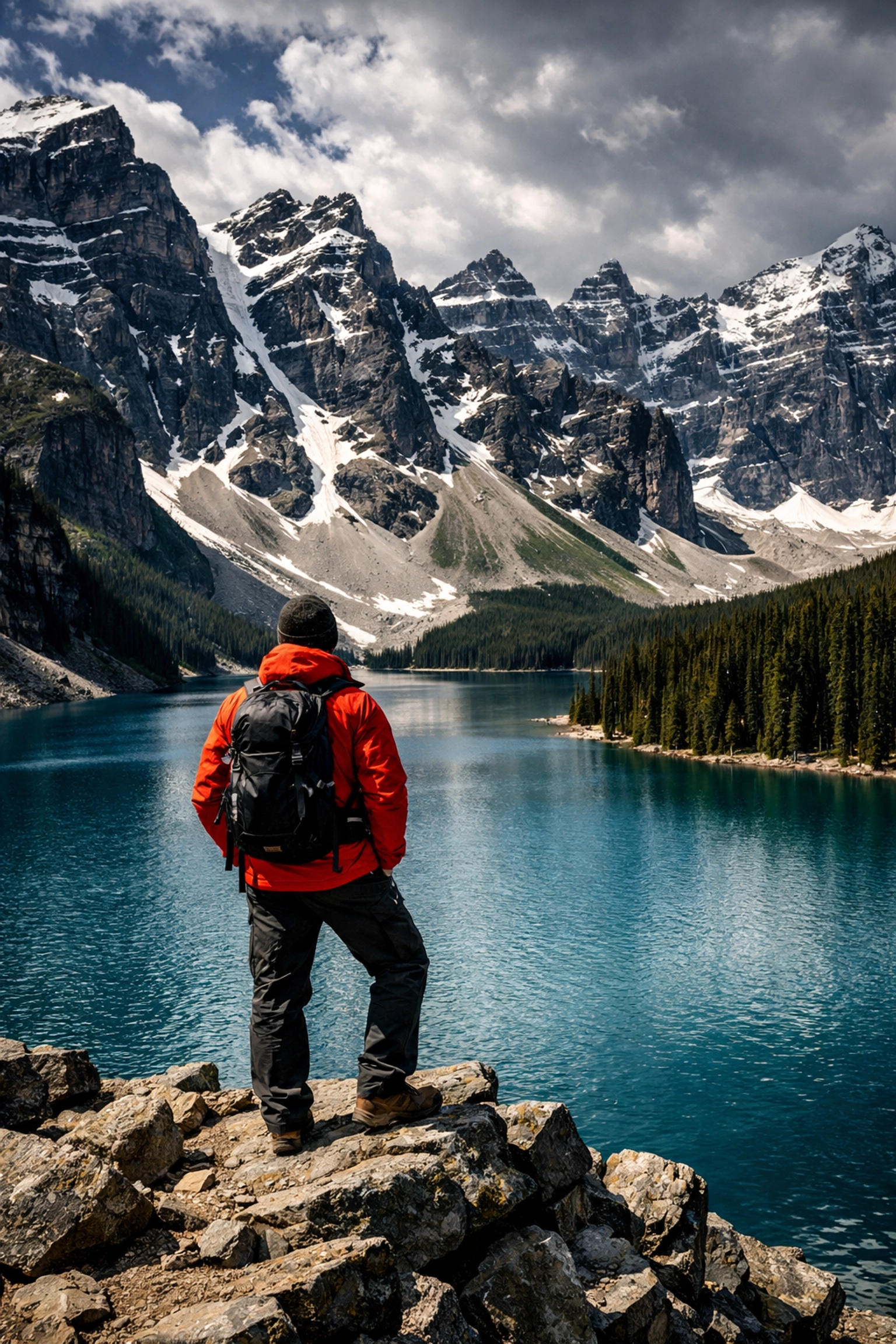 A tourist overlooking a blue mountain lake in the Alberta Rockies, representing record tourism growth.
