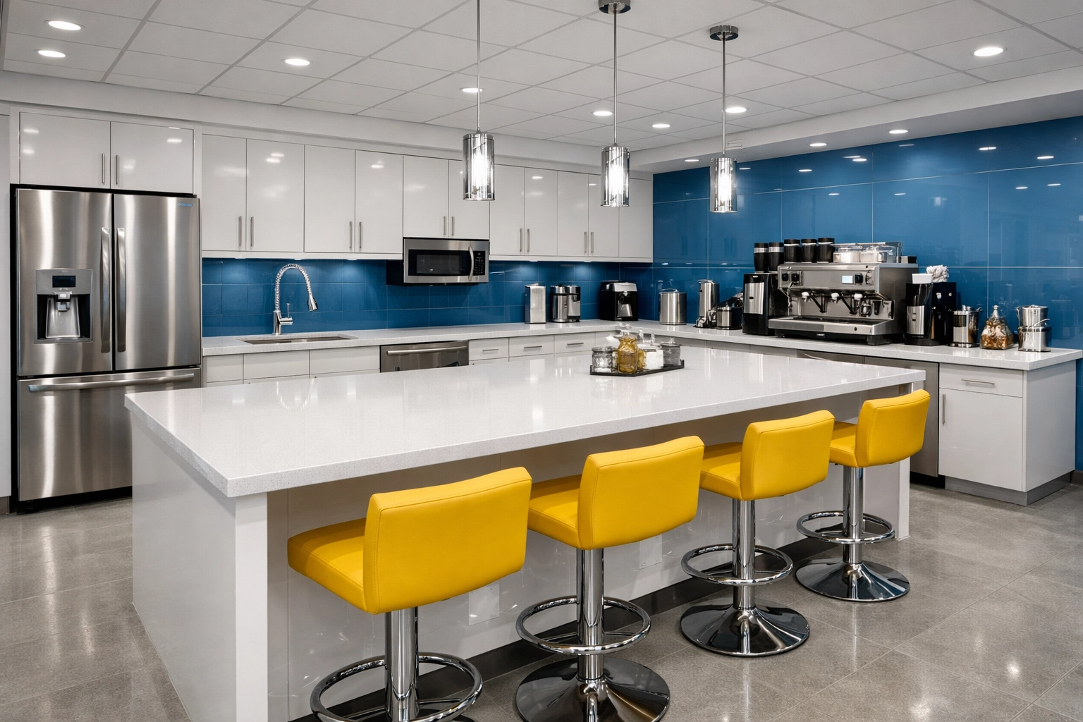 Deeply sanitized and polished corporate breakroom kitchen with clean countertops and stainless appliances.