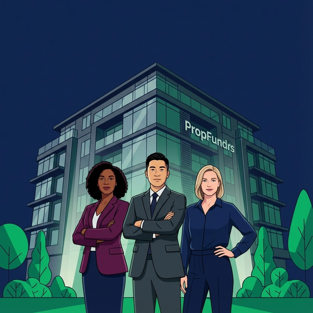 Three professionals stand confidently in front of a modern building with "PropFundrs" logo. Night setting, green and blue tones dominate.