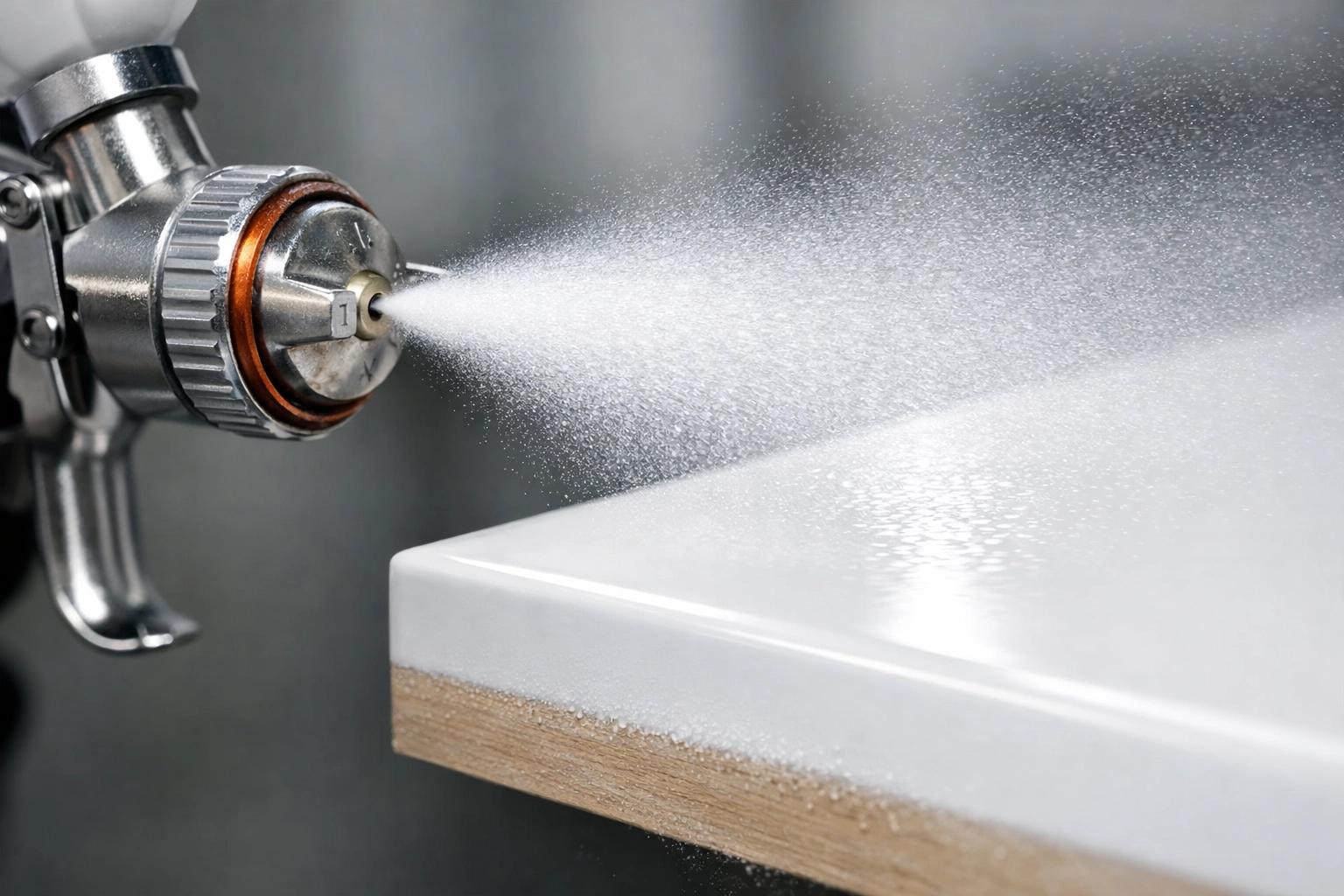 Professional HVLP spray gun applying a durable white 2K poly finish to kitchen cabinets in Chicago.