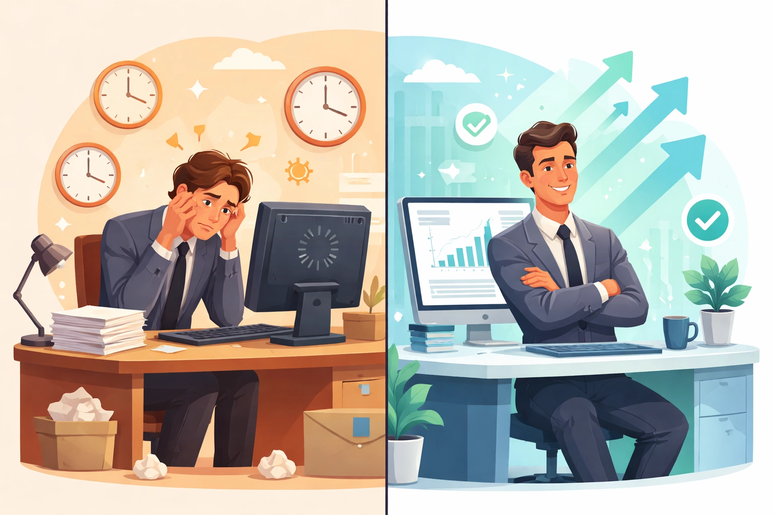 Comparison of frustrated worker using old hardware and efficient employee with upgraded PC in a Petoskey office