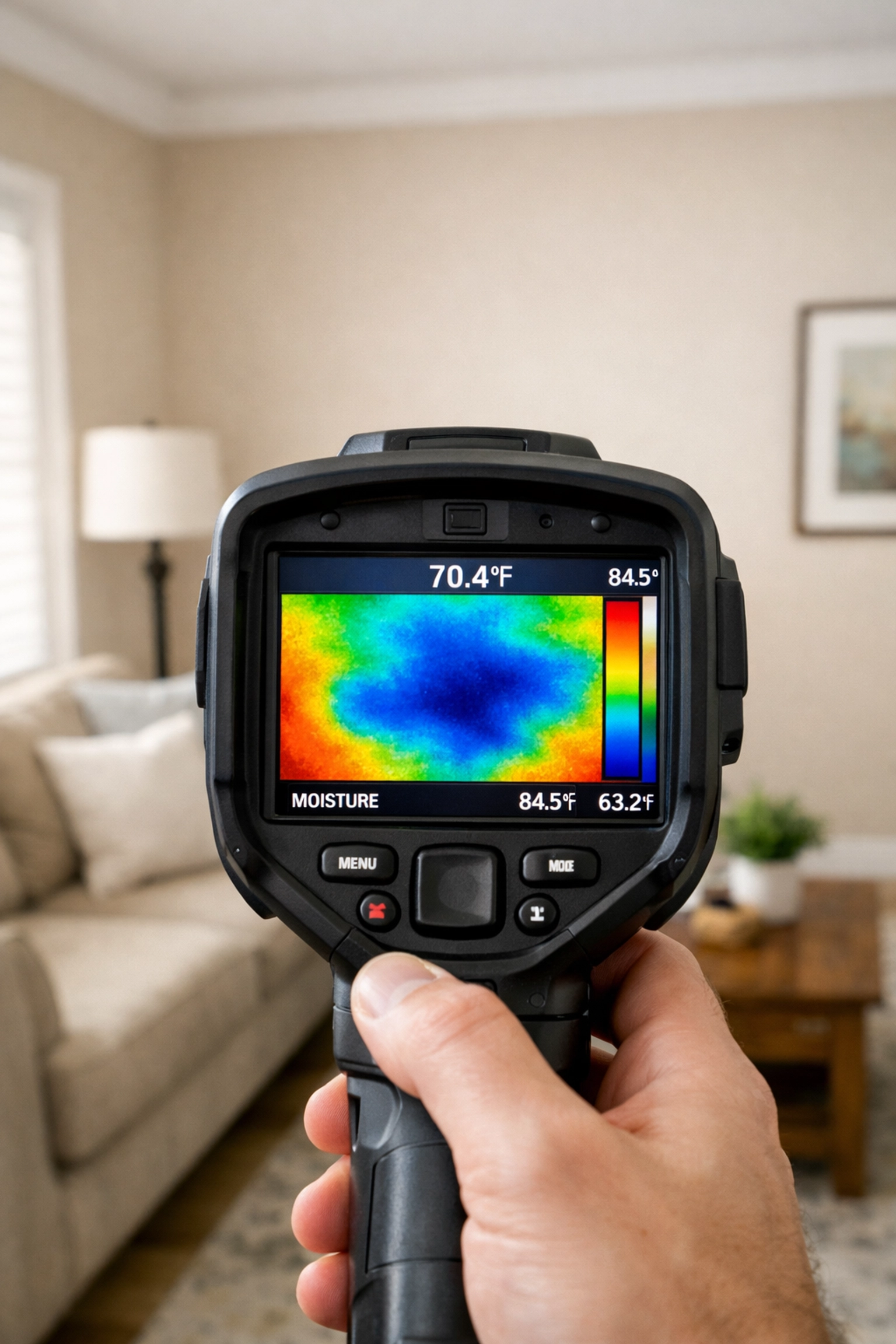 Infrared camera identifying hidden moisture for water damage restoration and mold remediation.