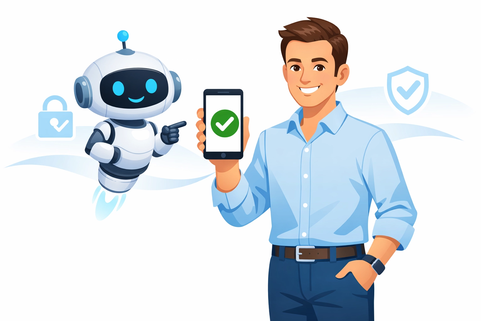 Daisy AI mascot assisting a professional with a successful luxury item verification on a smartphone.