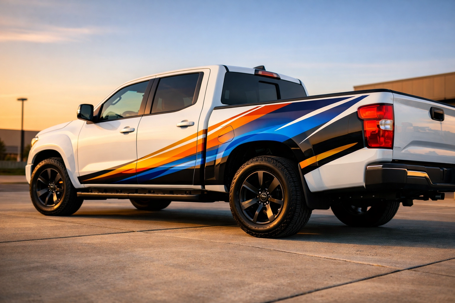 Custom partial vehicle wrap design on a white pickup truck for affordable branding.