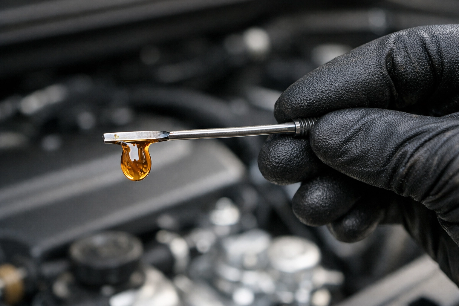 A mechanic in Alexandria VA checking a dipstick with clean amber oil during a routine maintenance service.