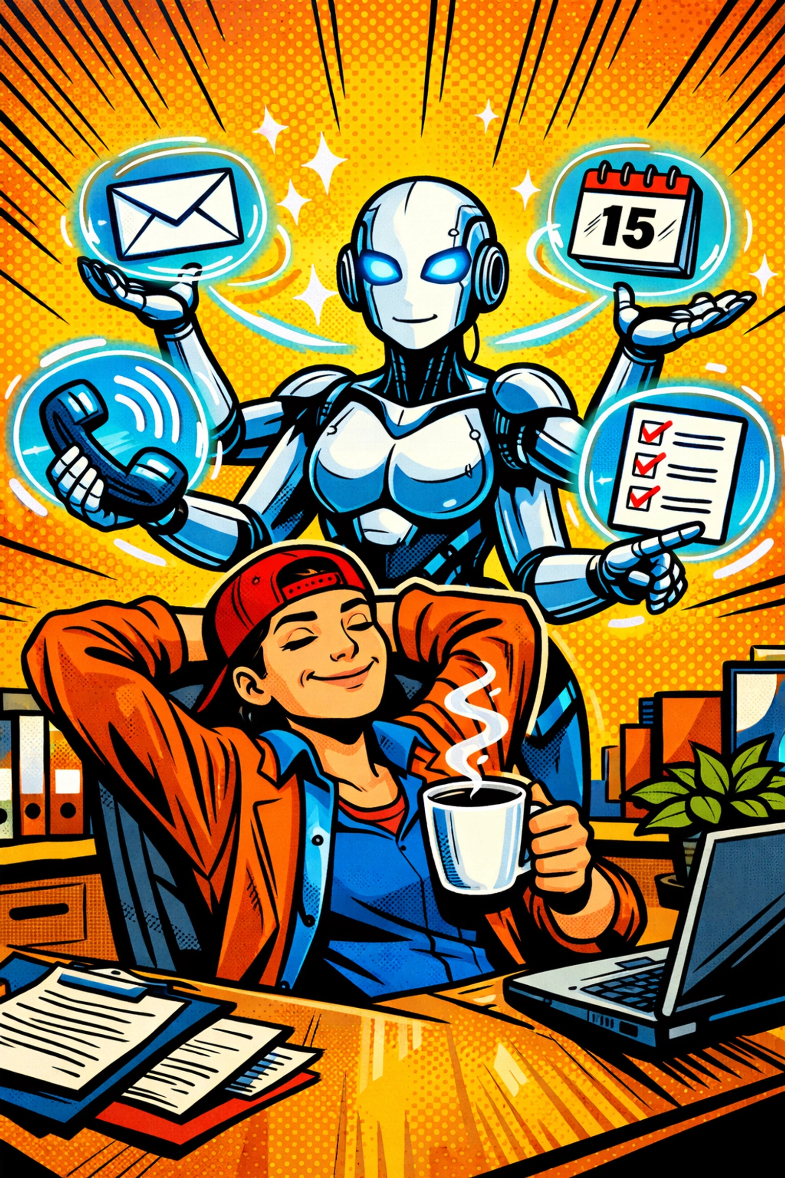 Relaxed business owner with a coffee while an ai assistant for small business handles digital workflows.
