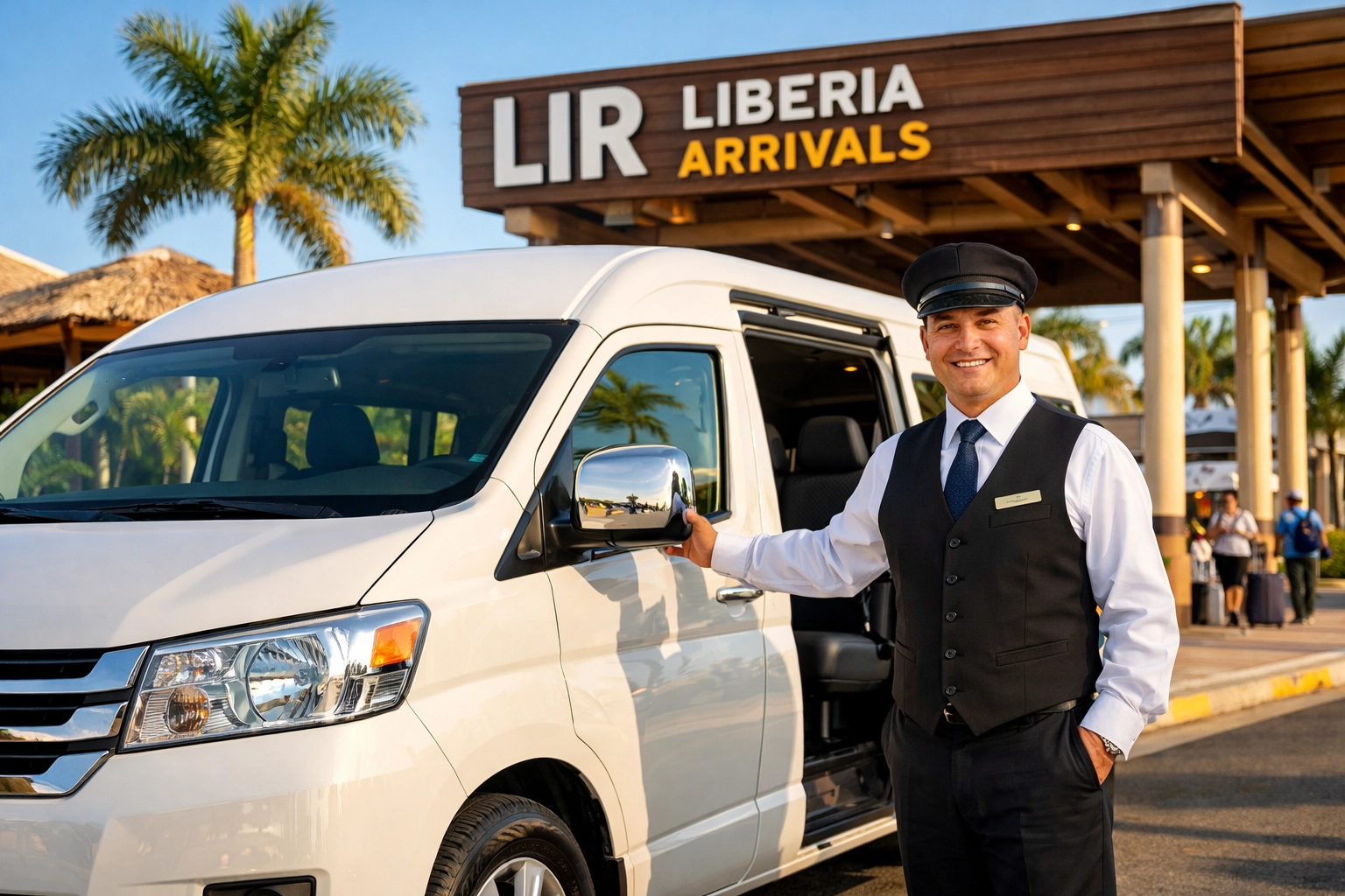 Professional driver standing by a white Liberia airport shuttle van at the LIR terminal arrival area.