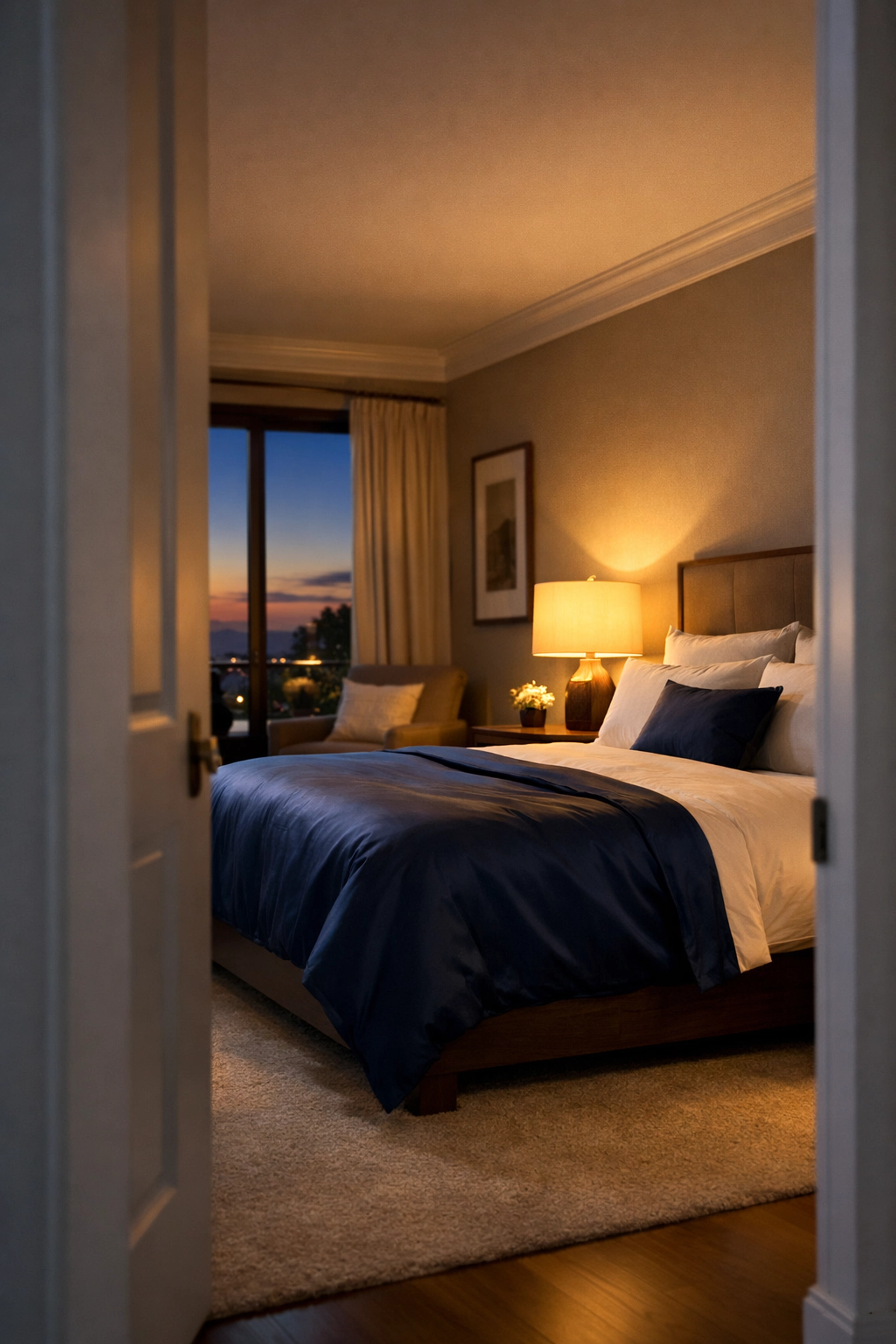 Tidy luxury master bedroom in Harvard MA after professional weekly cleaning.