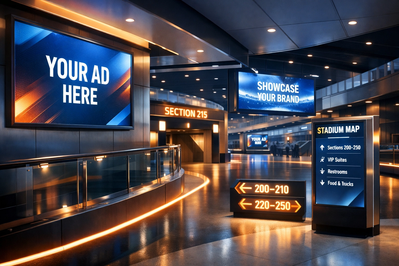 Smart venue interior featuring multiple LED advertising displays and digital signage touchpoints