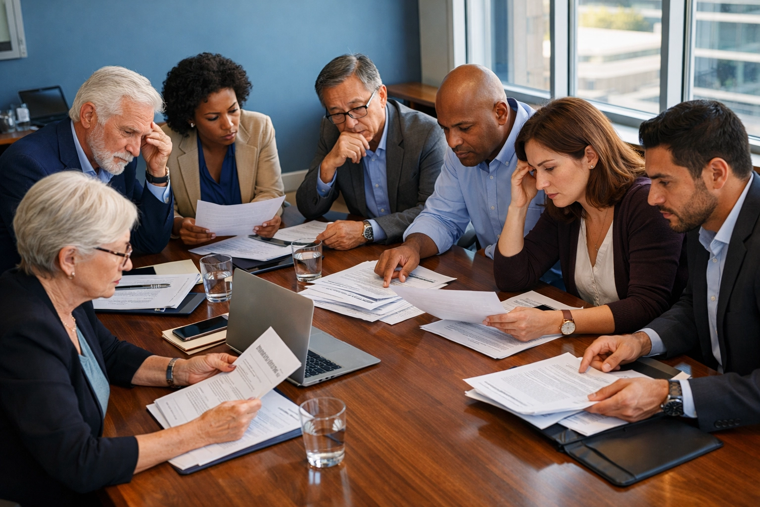 Nonprofit board meeting reviewing gift acceptance policies for planned giving programs