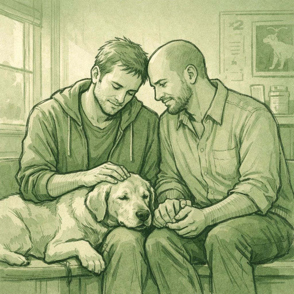 Two men comforting elderly rescue dog during veterinary visit