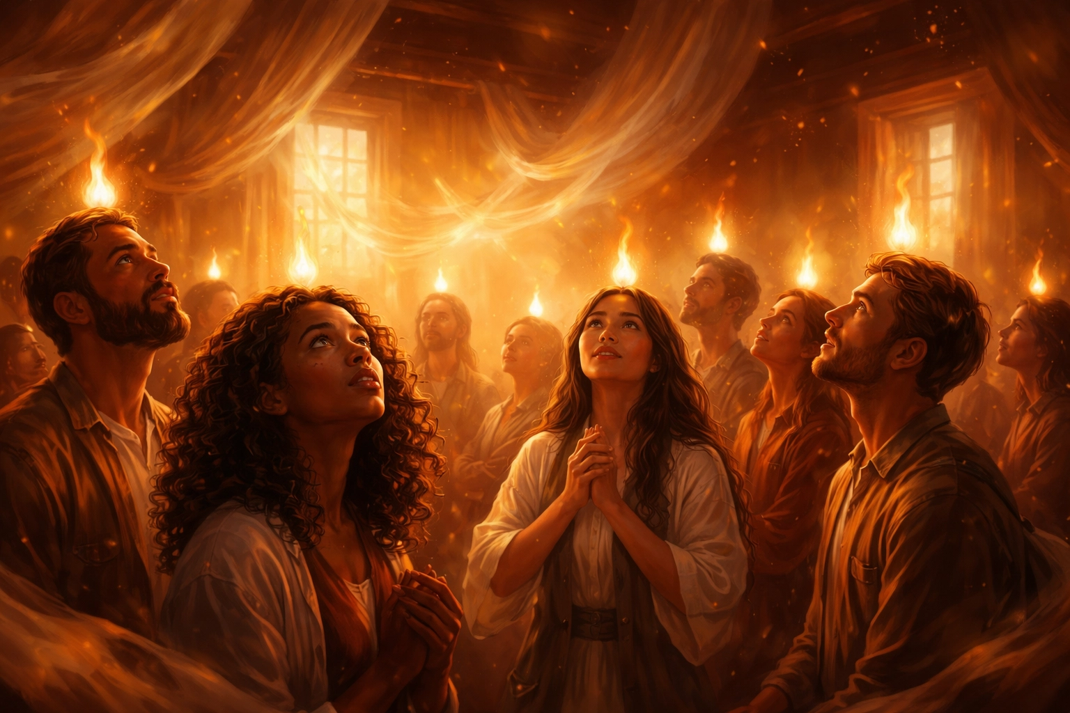 People gathered in a warmly lit room with gentle flames above their heads, reflecting the Pentecost and Holy Spirit baptism.