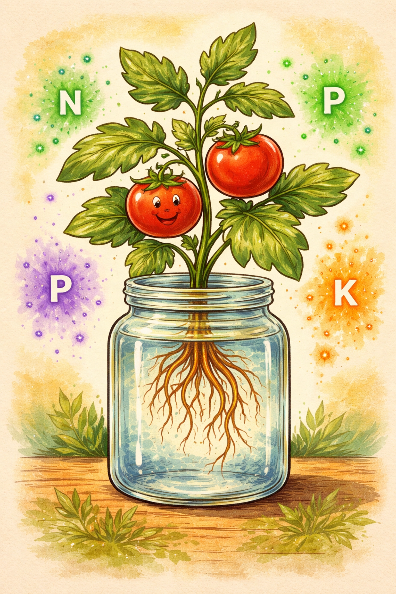 Illustration of a cartoon tomato plant growing in a glass jar with visible roots and mineral icons, showing hydroponic nutrients.