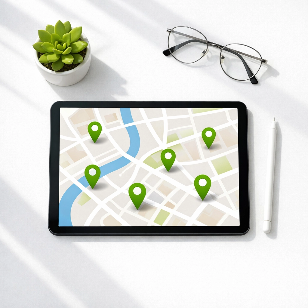 Digital map on a tablet showing Innisfil business locations for local SEO and directory listings.