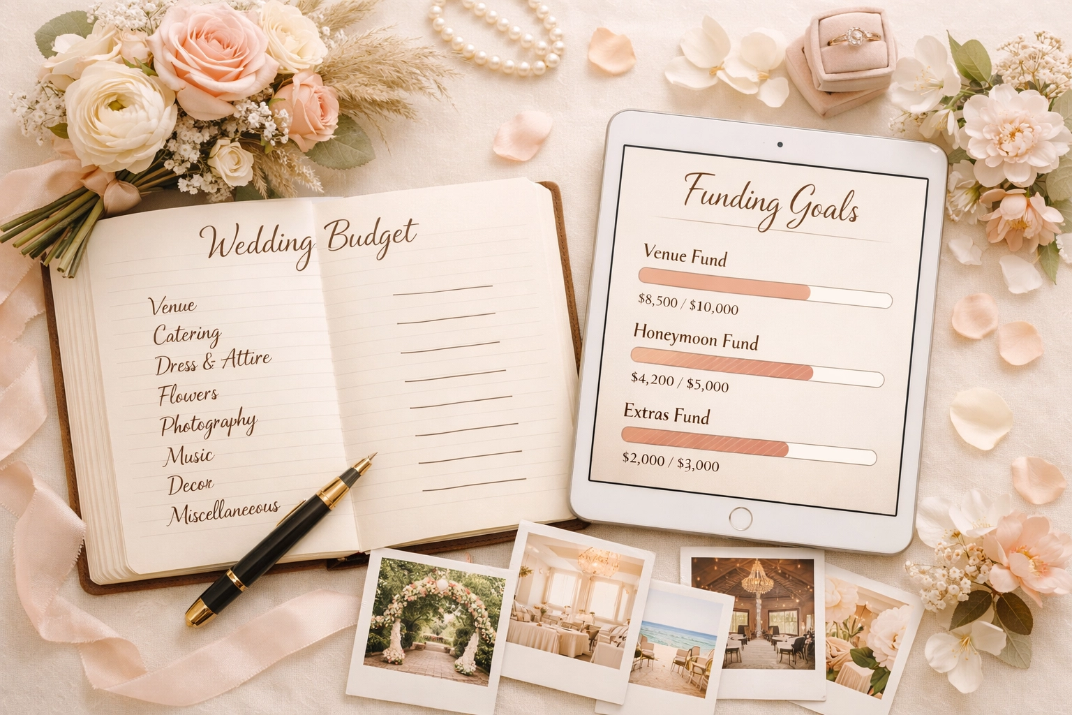 Wedding budget planning materials with funding goals and venue photos on desk