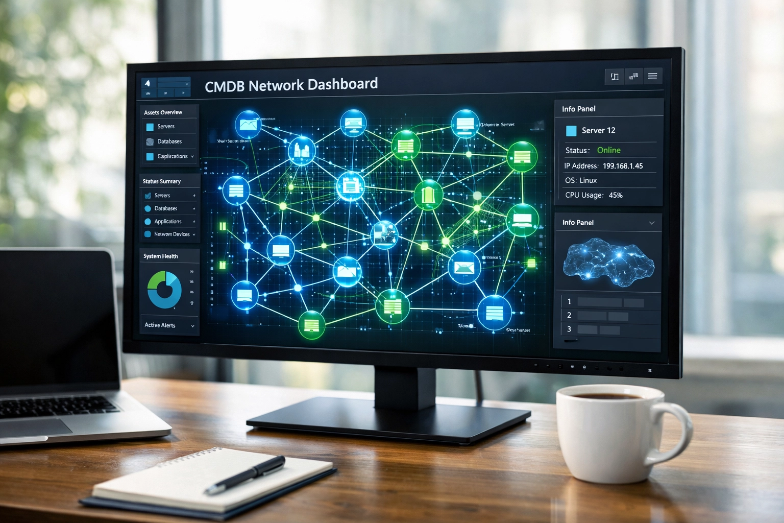 ServiceNow CMDB dashboard displaying IT infrastructure network diagram in modern office