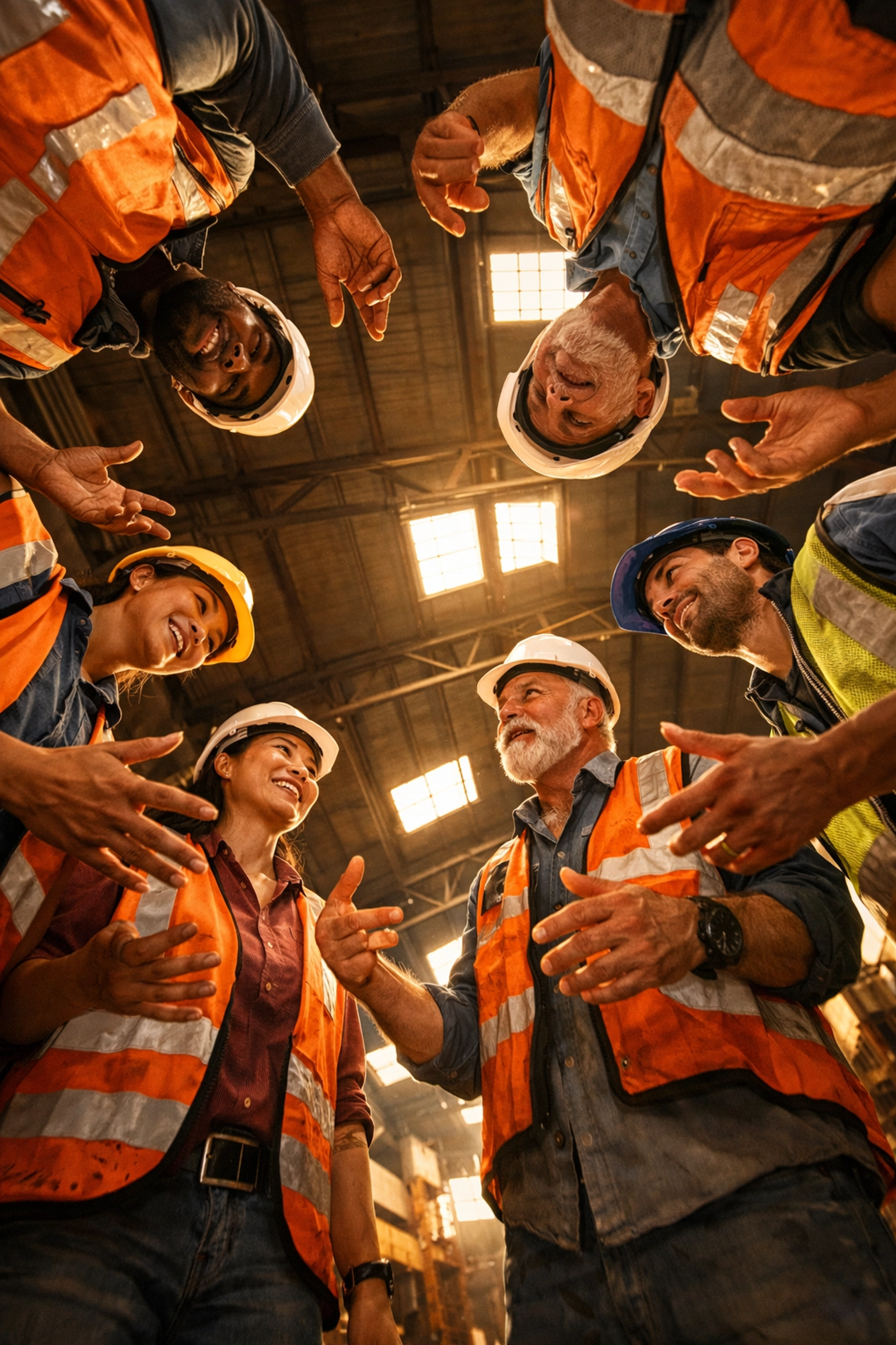 Industrial workers collaborating in safety meeting showing teamwork and mutual respect