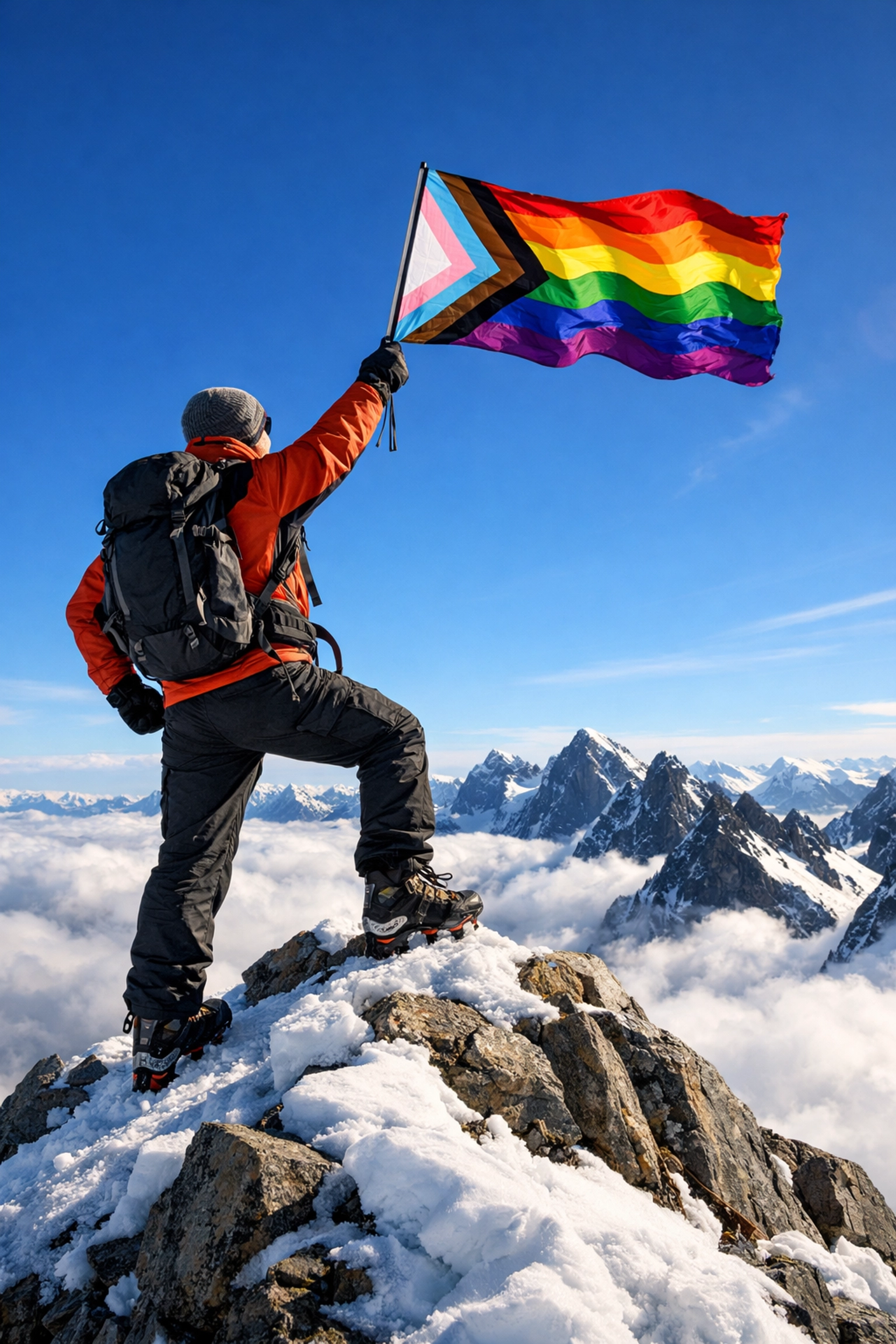 A triumphant hiker holding a pride flag on a snowy Scandinavian summit, representing LGBTQ+ resilience.