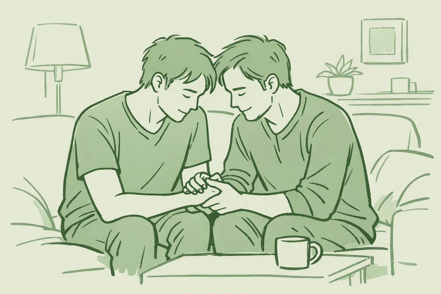 Two gay men holding hands on couch showing emotional support and intimacy in MM romance