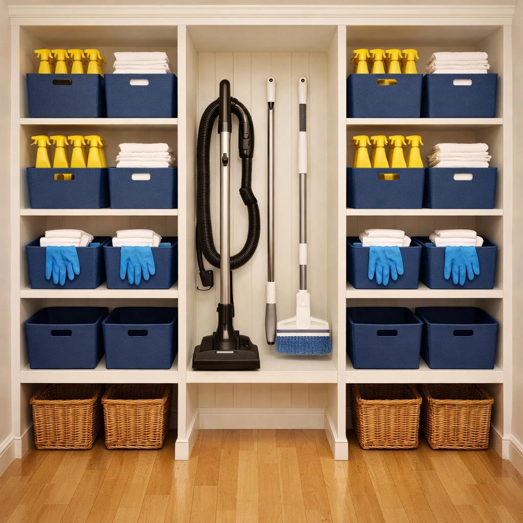 Organized utility closet with blue bins and essential cleaning supplies like microfiber cloths and sprays.