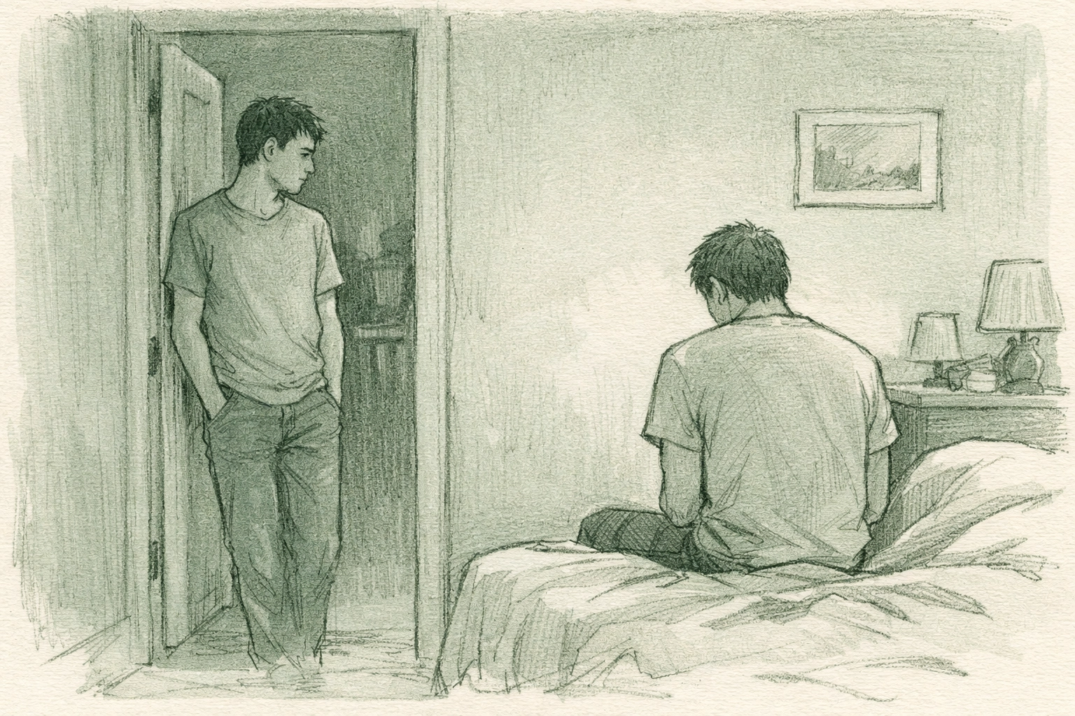Two step-brothers in doorway showing emotional isolation in LGBTQ blended family home