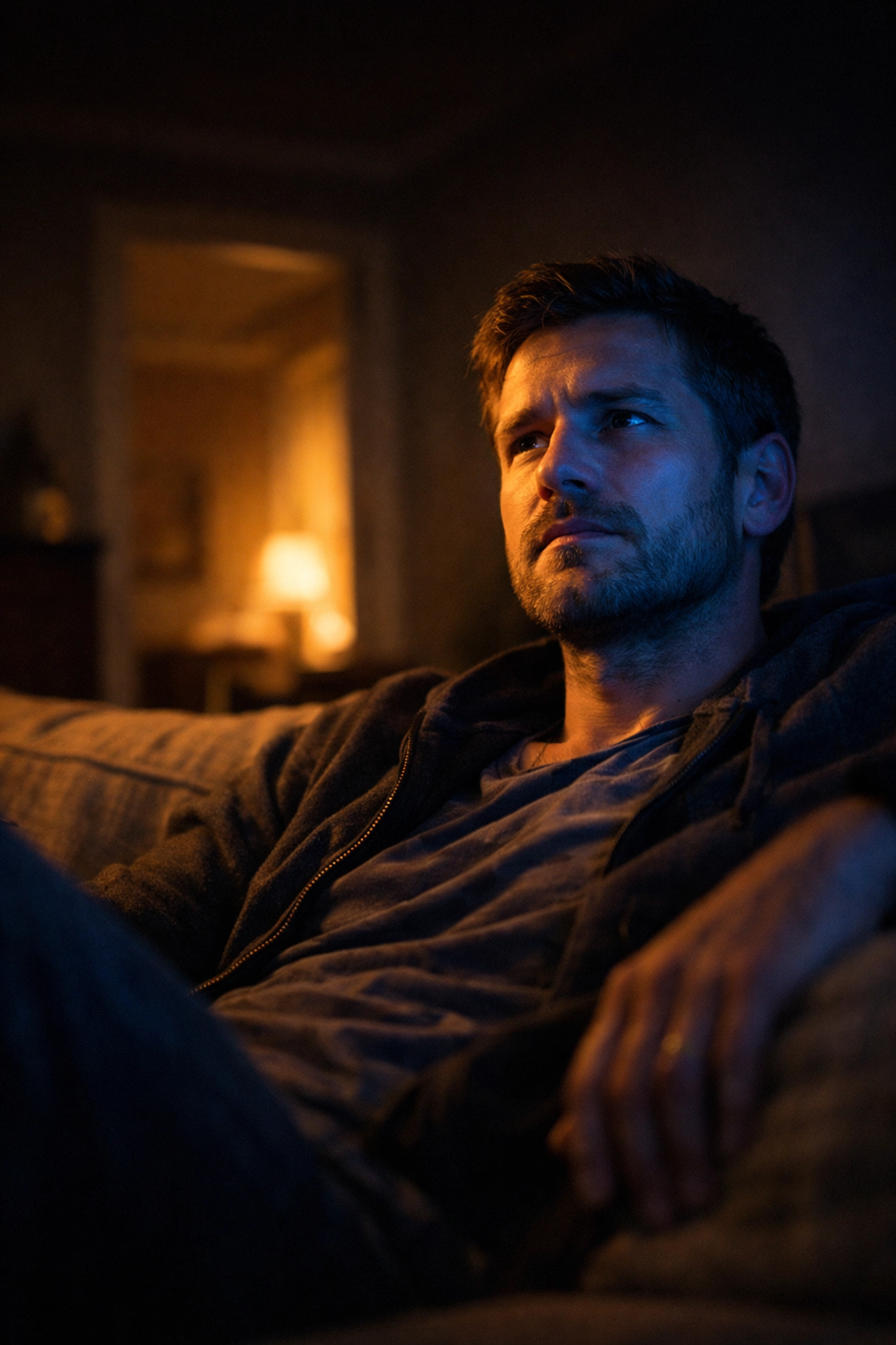 Férfi a sötét szobában képernyő előtt, a pornófüggőség hatása a szexuális életre és az intimitásra.