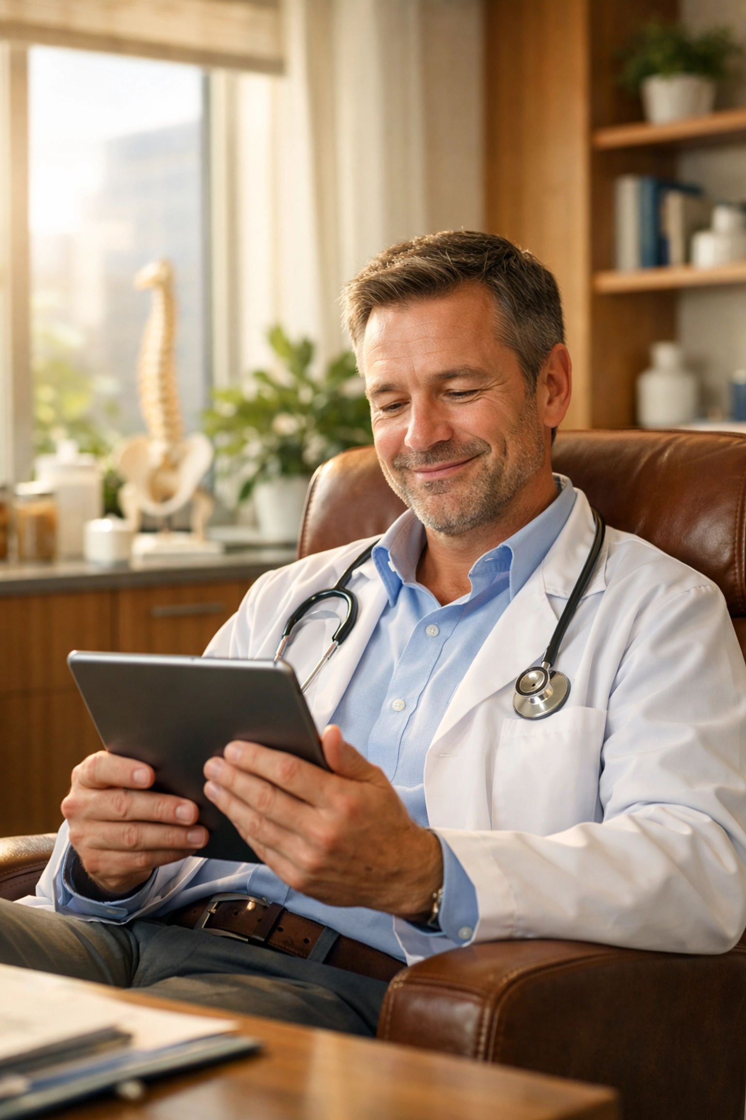 Healthcare practice owner reviewing tax-deductible executive bonus strategies in a bright, modern office.