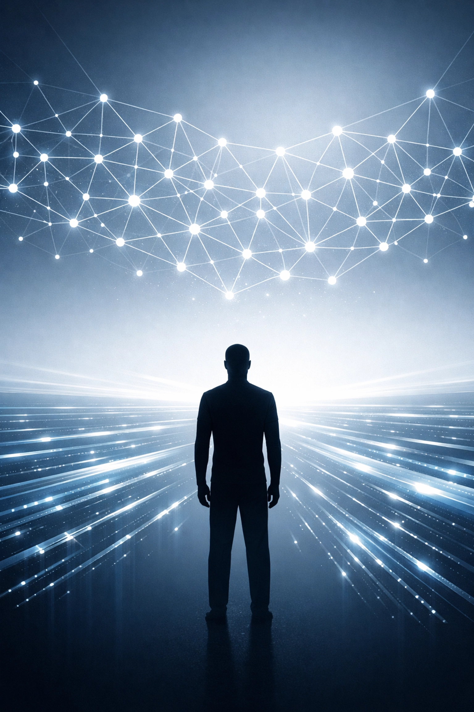 Silhouette of a manager with a digital data network, representing human leadership paired with AI automation.