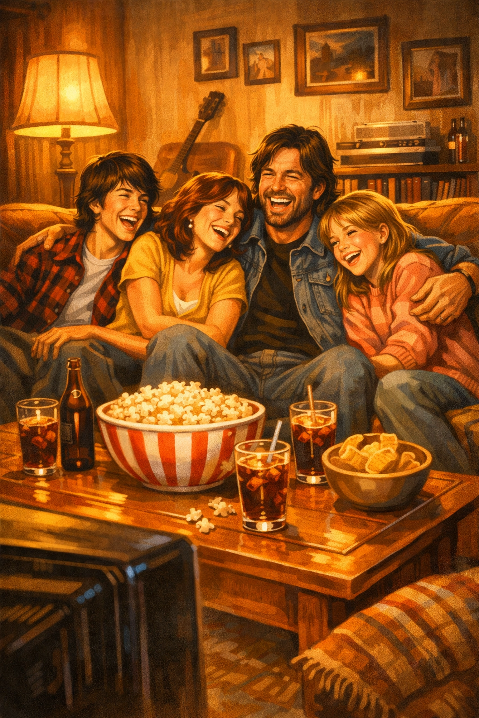 Family enjoying movie night together representing Kevin James comedy Solo Mio