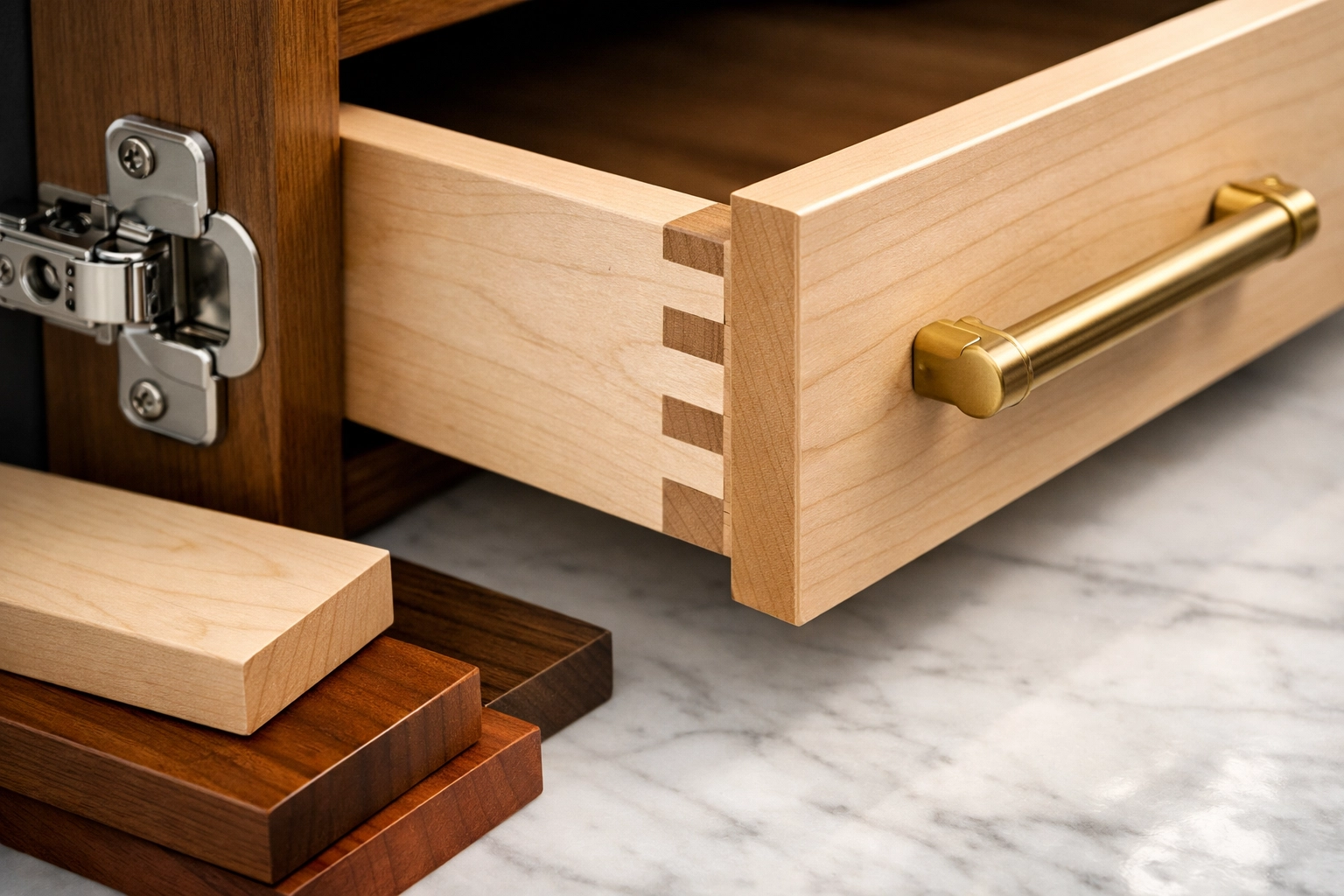 Premium cabinet hardware featuring dovetail joints, soft-close hinges, and wood samples