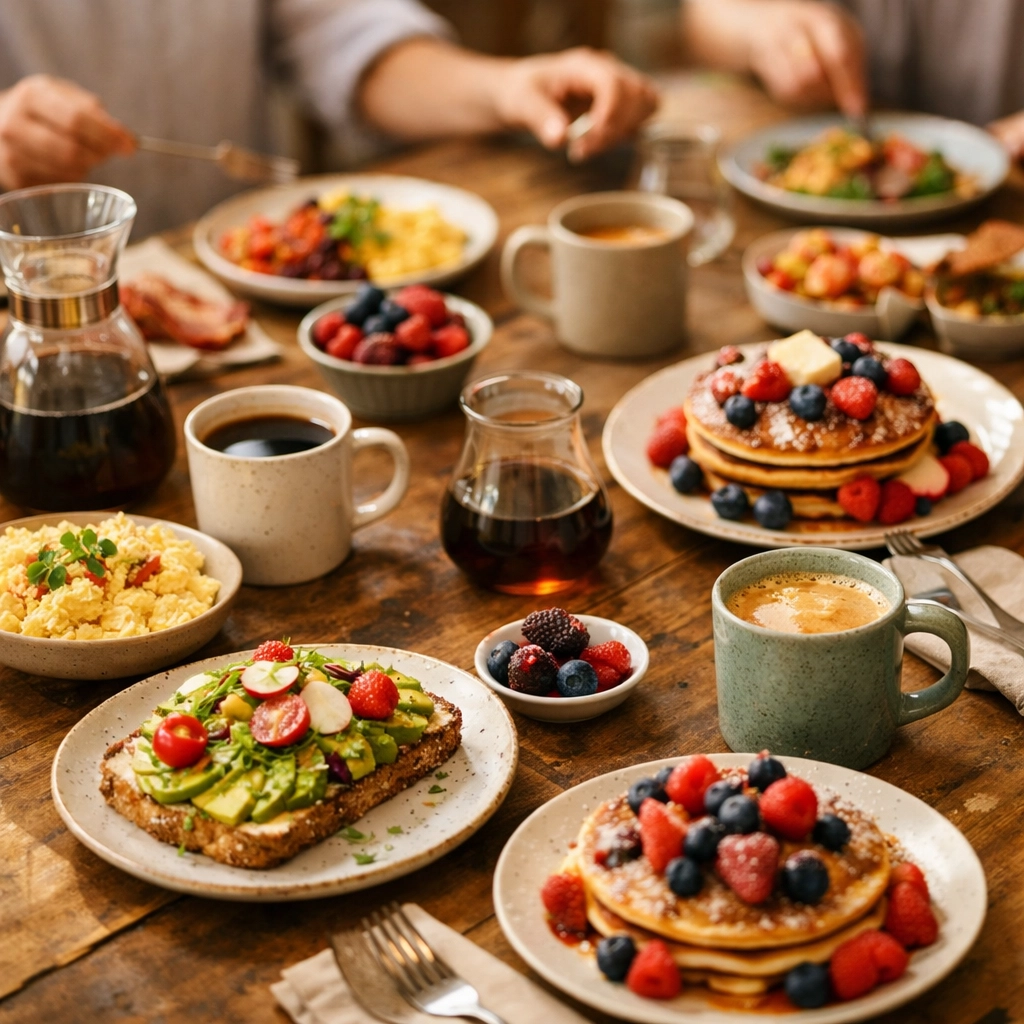 A full weekend brunch spread with avocado toast, pancakes, and fresh speciality coffee.