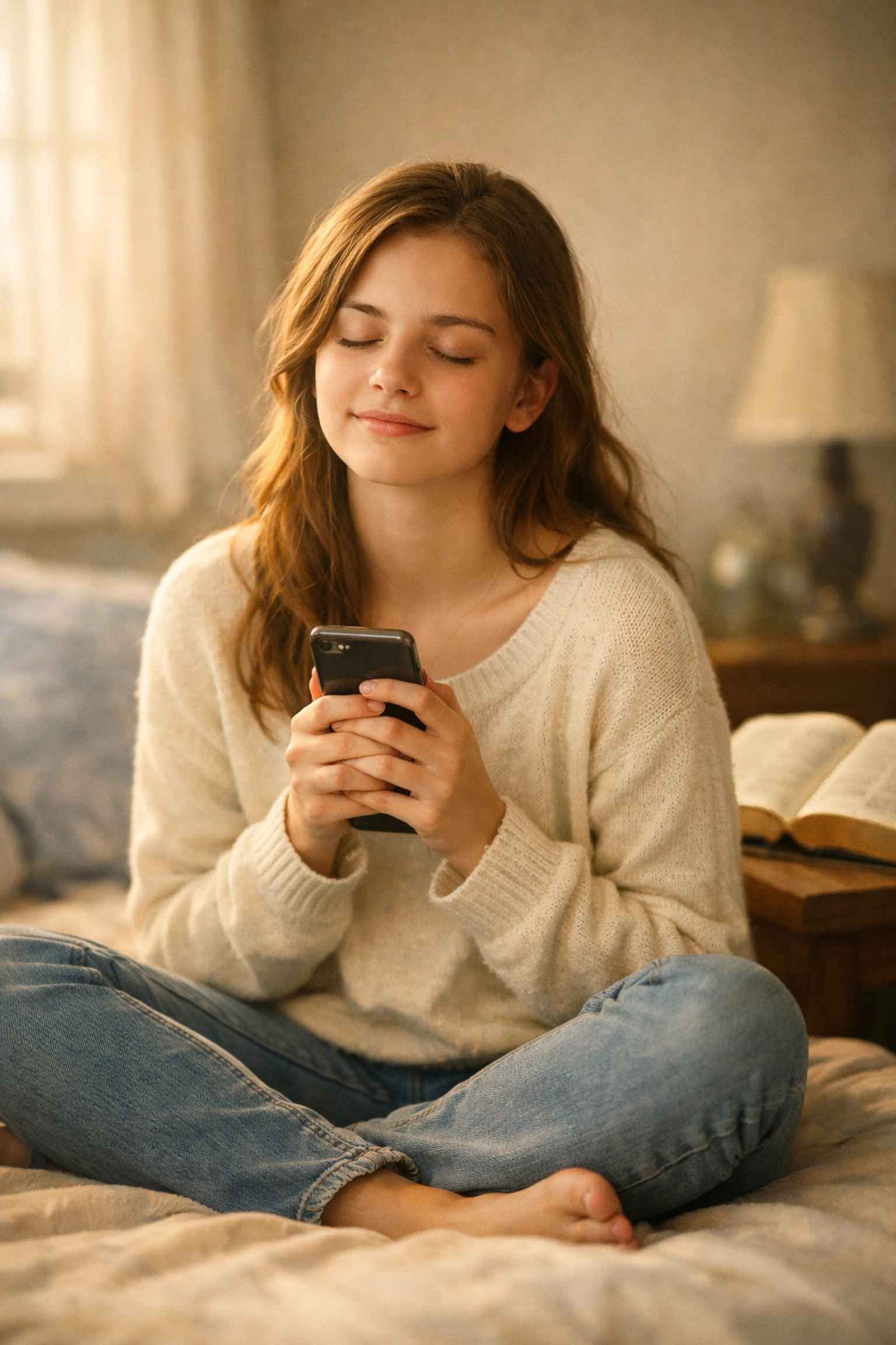 Christian teen girl praying with phone while Bible rests on nightstand showing faith and peace