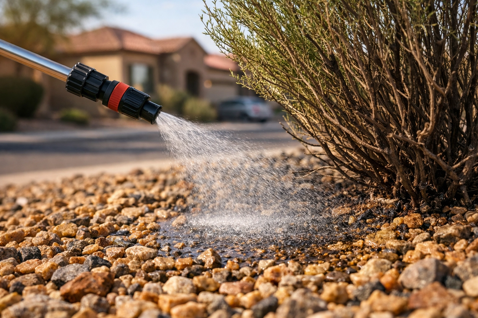 Targeted application of custom weed control formula on Maricopa desert landscape rocks.