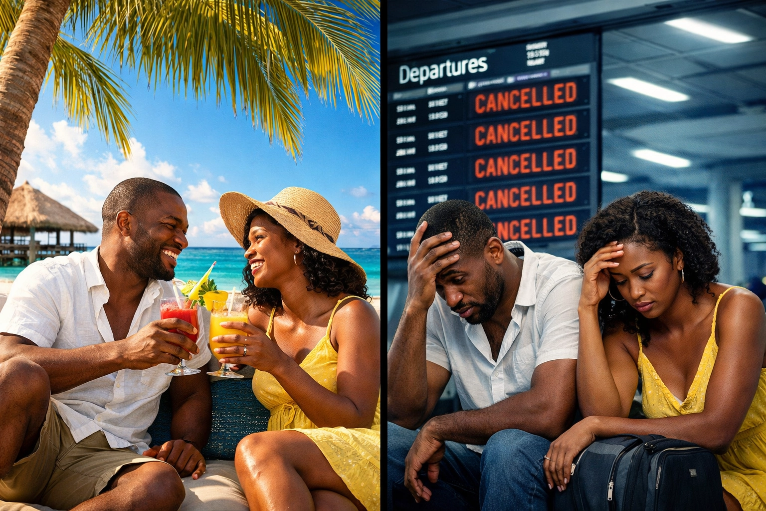 Split image showing relaxing vacation versus stressful cancelled flight at airport