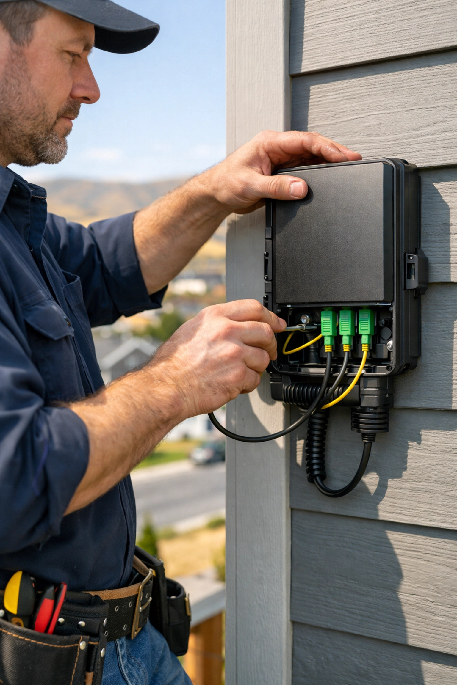 Rodeo Networks technician installing high-speed fiber optic internet at a home in Clarkston WA.