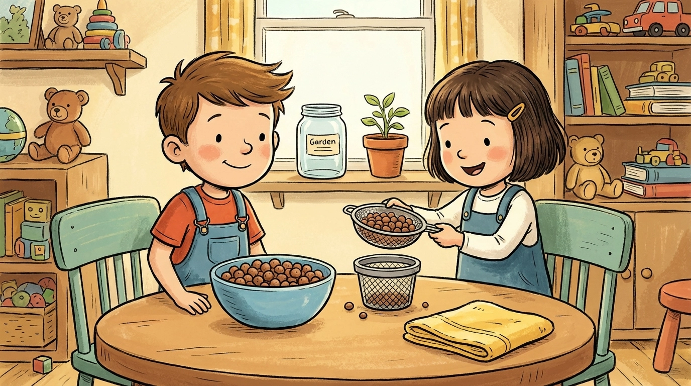 Two children preparing a net pot with clay pebbles for DIY hydroponics at a craft table