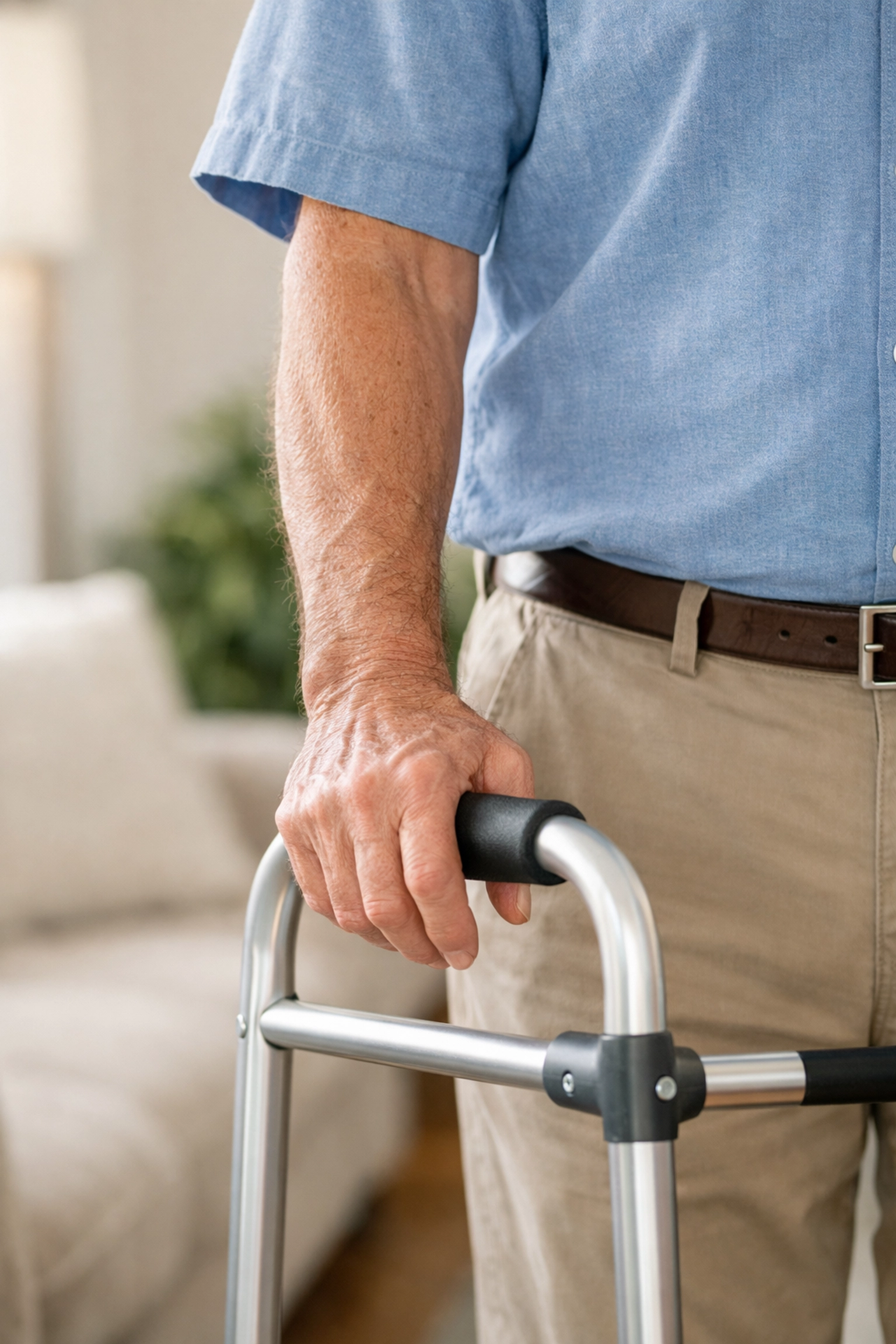 Senior man demonstrating proper walker height adjustment with the handle aligned at the wrist crease.