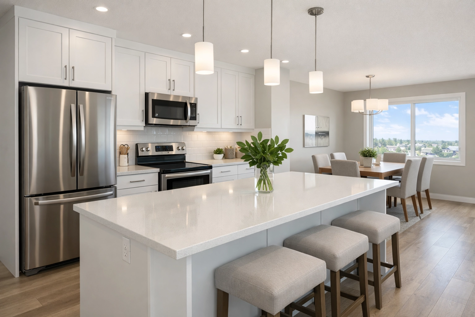 Spotless, rent-ready kitchen and dining area prepared for new tenants with clean modern appliances.