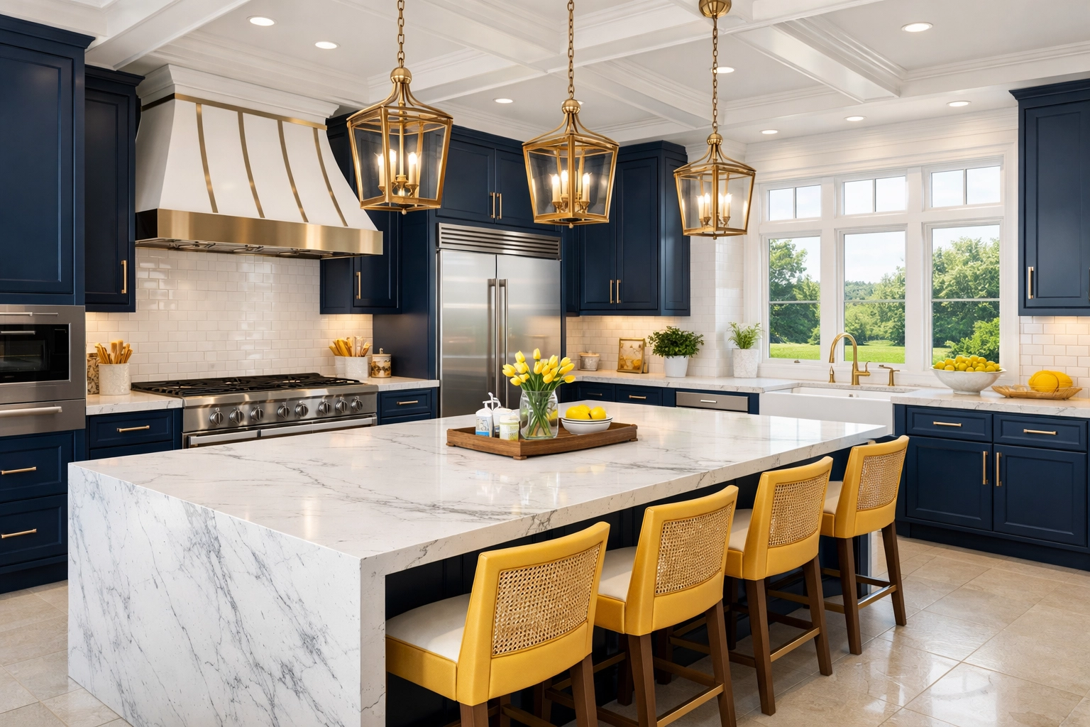 Spotless Dover estate kitchen with marble island, maintained to avoid common luxury cleaning mistakes.