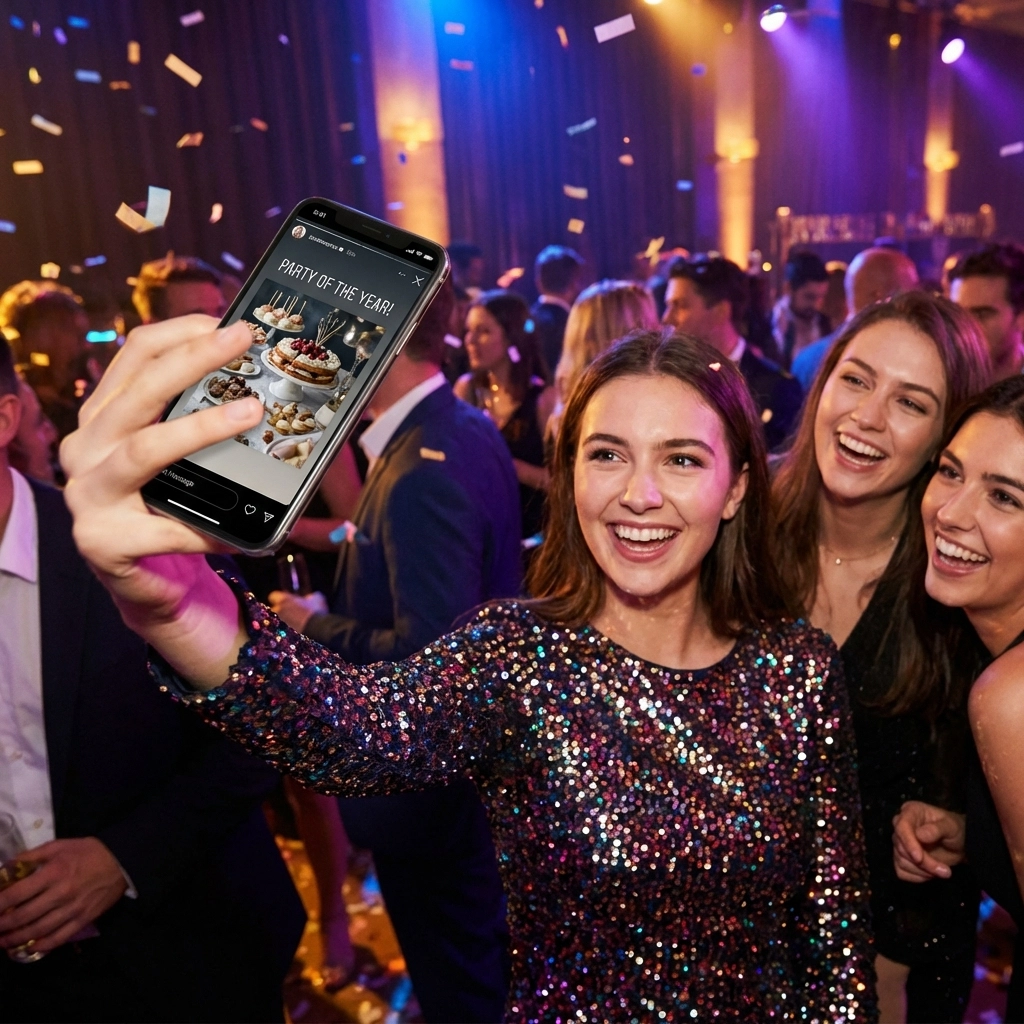 Woman shares pro event photos instantly on social media from a Queens party, highlighting instant delivery.