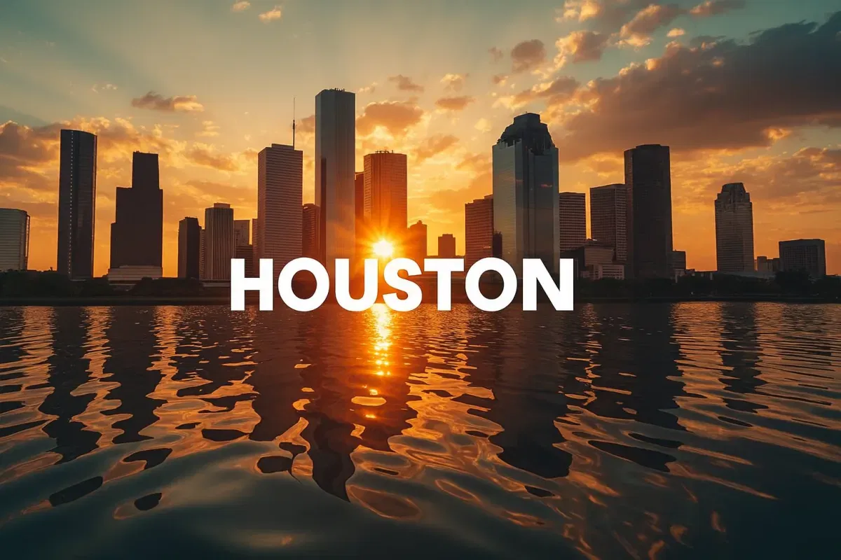 The Houston skyline reflecting over the water, highlighting the urban opportunities for buyers.