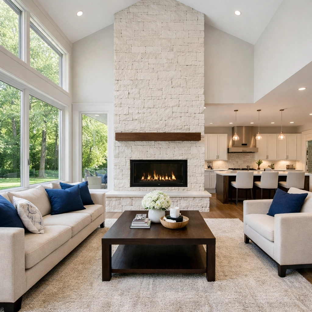 Professionally staged modern living room in a Novi home highlighting current buyer preferences.