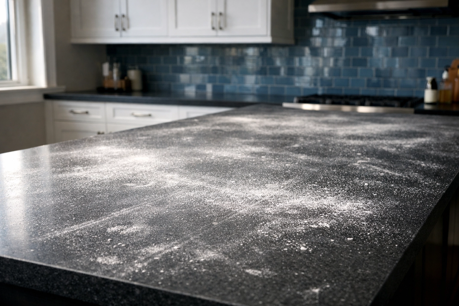 Construction dust on a kitchen island before professional post construction cleaning in Southborough.