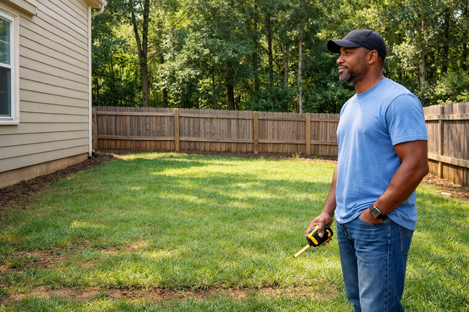Homeowner measuring backyard space for whole house generator placement in Atlanta