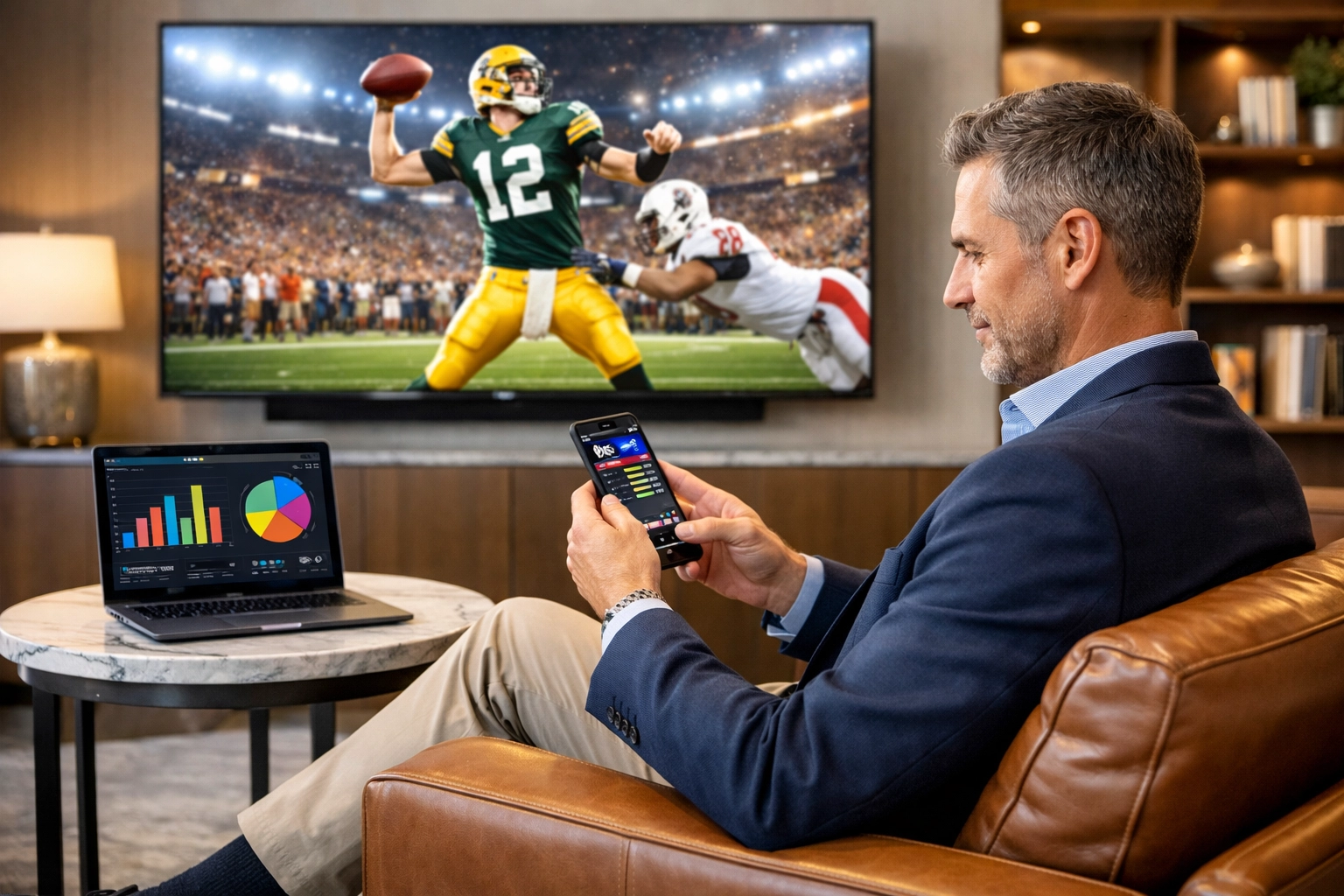 CEO using a mobile device in a luxury lounge during a major sporting event digital activation.