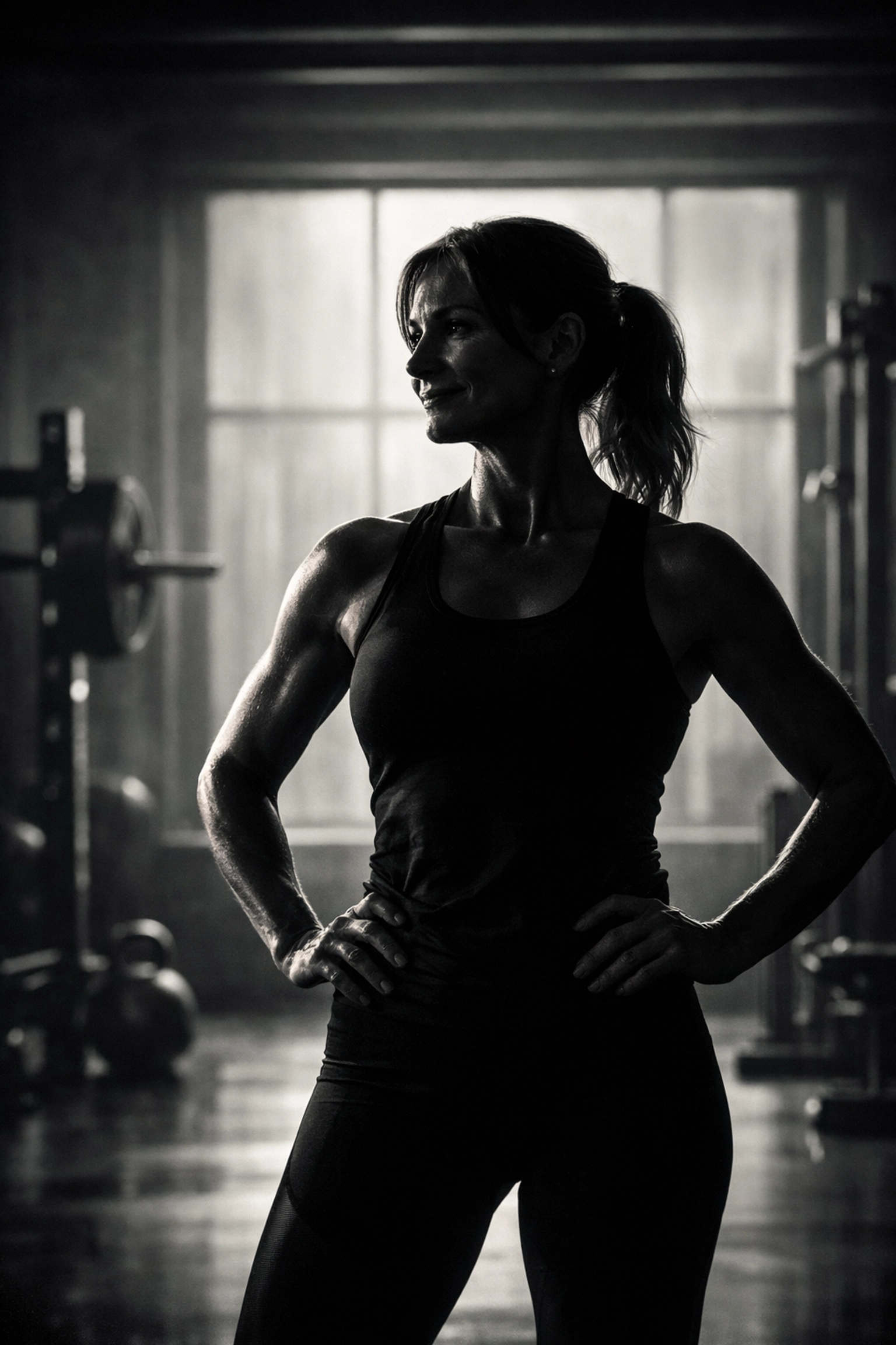 A confident woman in her 50s showing strength and resilience at the Glute Factory with a personal trainer Troy MI.