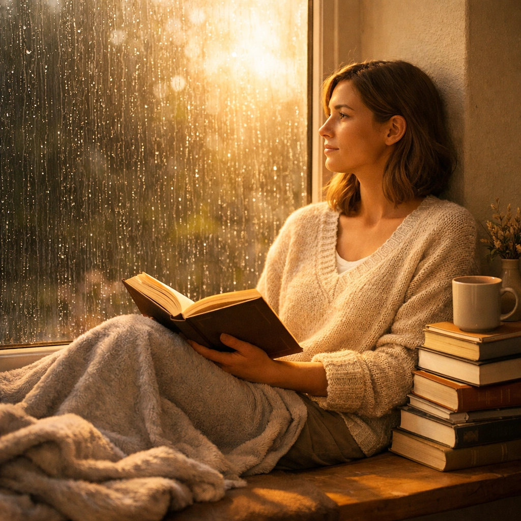 A woman reading thoughtfully in a sunlit room, illustrating quiet moments of queer healing and resilience.